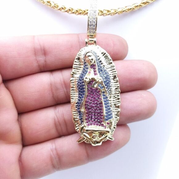 24"Franco Chain + 14K Gold Finish Holy Mary - Picture 7 of 12